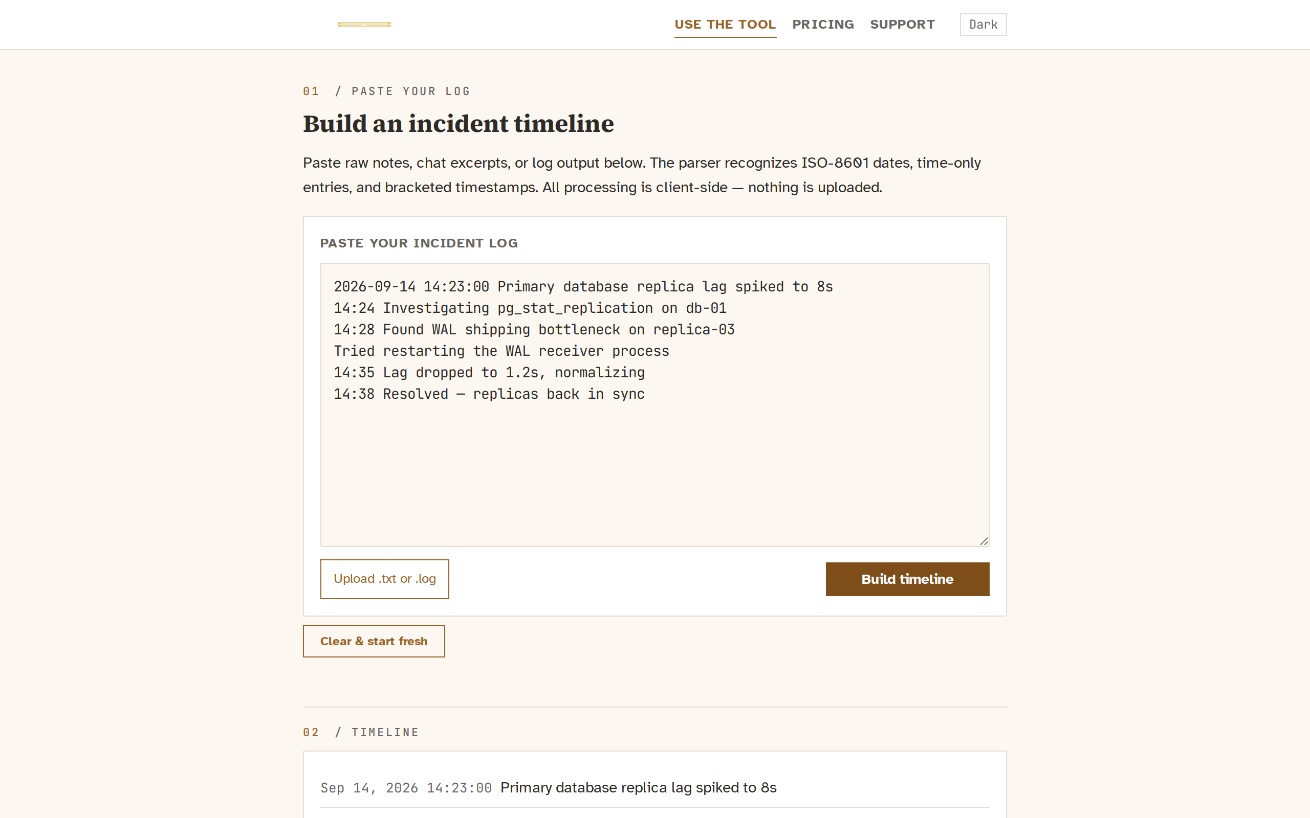 Gapsnap tool in use: raw incident notes pasted in the input panel on the left, and a structured timeline with gap markers on the right — showing a parsed database replica lag incident with timestamps and a highlighted 7-minute silence gap.